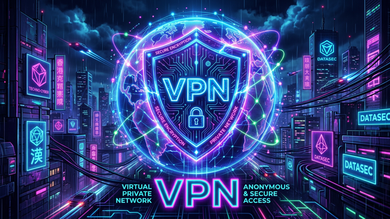 Neon cityscape with a glowing shield labeled VPN representing virtual private network security