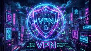 Neon cityscape with a glowing shield labeled VPN representing virtual private network security